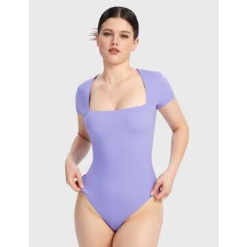 PUMIEY Square Neck Bodysuits For Women Short Sleeve Body Suit Slimming Going Out Tops Womens Clothing Haze Blue,X-Small