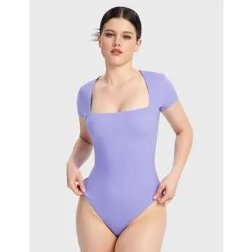 PUMIEY Square Neck Bodysuits For Women Short Sleeve Body Suit Slimming Going Out Tops Womens Clothing Haze Blue,X-Small