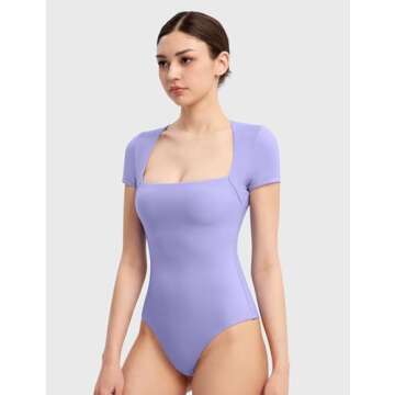 PUMIEY Square Neck Bodysuits For Women Short Sleeve Body Suit Slimming Going Out Tops Womens Clothing Haze Blue,X-Small