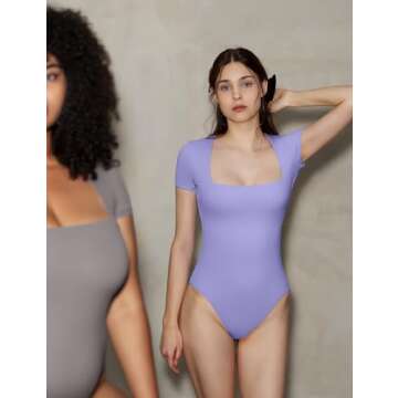 PUMIEY Square Neck Bodysuits For Women Short Sleeve Body Suit Slimming Going Out Tops Womens Clothing Haze Blue,X-Small
