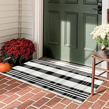 Collive Black and White Outdoor Rug Runner 2'x4.3 Washable Buffalo Plaid Cotton Woven Check Indoor O...