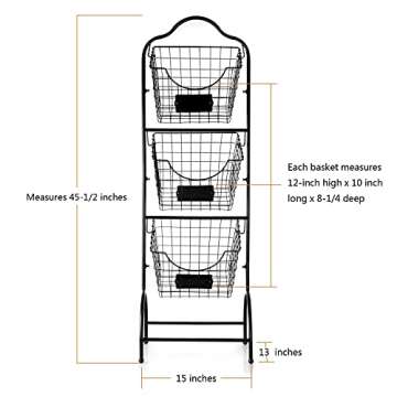 Sunny Living 3-Tier Market Basket Stand, Kitchen Fruit Storage Basket for Kitchen, Bathroom Towel Basket Display Rack, Black