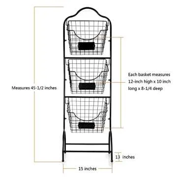 Sunny Living 3-Tier Market Basket Stand, Kitchen Fruit Storage Basket for Kitchen, Bathroom Towel Basket Display Rack, Black