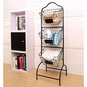 Sunny Living 3-Tier Market Basket Stand, Kitchen Fruit Storage Basket for Kitchen, Bathroom Towel Basket Display Rack, Black