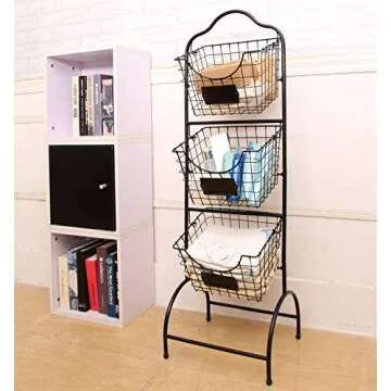 Sunny Living 3-Tier Market Basket Stand, Kitchen Fruit Storage Basket for Kitchen, Bathroom Towel Basket Display Rack, Black