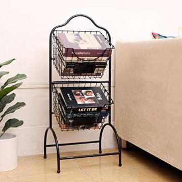 Sunny Living 3-Tier Market Basket Stand, Kitchen Fruit Storage Basket for Kitchen, Bathroom Towel Basket Display Rack, Black