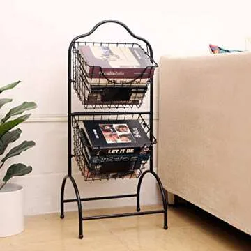 Sunny Living 3-Tier Market Basket Stand, Kitchen Fruit Storage Basket for Kitchen, Bathroom Towel Basket Display Rack, Black