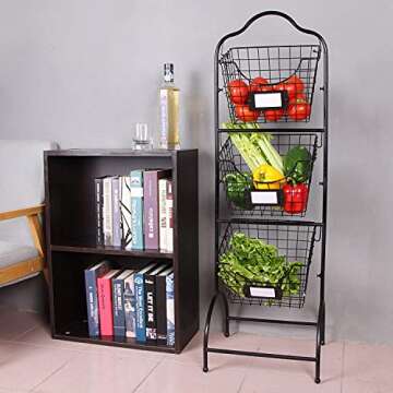 Sunny Living 3-Tier Market Basket Stand, Kitchen Fruit Storage Basket for Kitchen, Bathroom Towel Basket Display Rack, Black