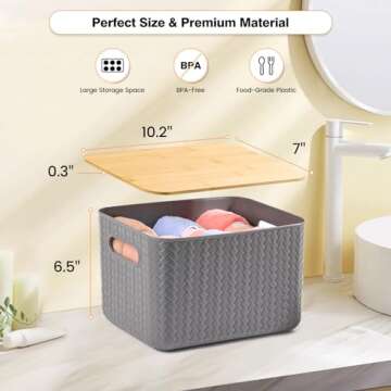 Ohmlove 4 Packs Storage Bins with Bamboo Lids - Plastic Storage Containers with Lids Stackable Stora...