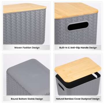 Ohmlove 4 Packs Storage Bins with Bamboo Lids - Plastic Storage Containers with Lids Stackable Storage Box：Storage Baskets for Organizing Desktop Closet Playroom Classroom Office,Gray