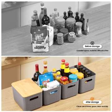 Ohmlove 4 Packs Storage Bins with Bamboo Lids - Plastic Storage Containers with Lids Stackable Storage Box：Storage Baskets for Organizing Desktop Closet Playroom Classroom Office,Gray