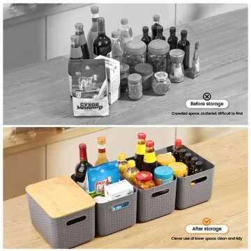 Ohmlove 4 Packs Storage Bins with Bamboo Lids - Plastic Storage Containers with Lids Stackable Storage Box：Storage Baskets for Organizing Desktop Closet Playroom Classroom Office,Gray