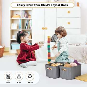 Ohmlove 4 Packs Storage Bins with Bamboo Lids - Plastic Storage Containers with Lids Stackable Storage Box：Storage Baskets for Organizing Desktop Closet Playroom Classroom Office,Gray