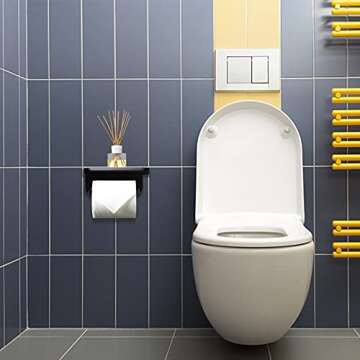 Jnnicoog Toilet Paper Holder with Shelf, Matte Black Toilet Paper Holder, Toilet PaperHolder Wall Mount, Bathroom Adhesive Toilet Paper Holder SUS 304 Stainless Steel Modern Paper Towel Holder.