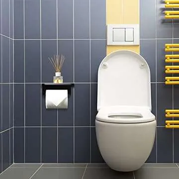 Jnnicoog Toilet Paper Holder with Shelf, Matte Black Toilet Paper Holder, Toilet PaperHolder Wall Mount, Bathroom Adhesive Toilet Paper Holder SUS 304 Stainless Steel Modern Paper Towel Holder.