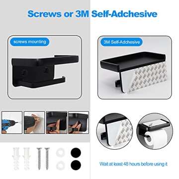 Jnnicoog Toilet Paper Holder with Shelf, Matte Black Toilet Paper Holder, Toilet PaperHolder Wall Mount, Bathroom Adhesive Toilet Paper Holder SUS 304 Stainless Steel Modern Paper Towel Holder.