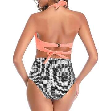 Tempt Me Women's Vintage Swimsuits Coral Pink Stripe Retro Halter Ruched High Waist Bikini with Bottom M