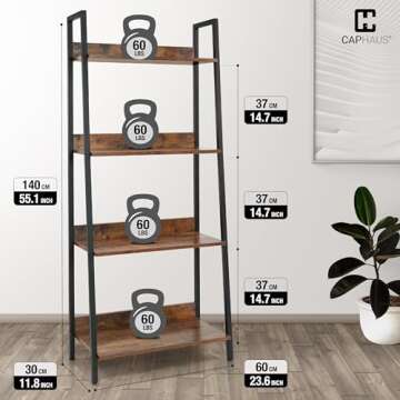 CAPHAUS 4 Tier Ladder Bookshelf, 24 Inch Width Free Standing Shelf, Bookcase Shelf Storage Rack Organizer, Industrial Book Shelves for Home Office, Living Room, Kitchen, Rustic Oak, Vintage Shelves