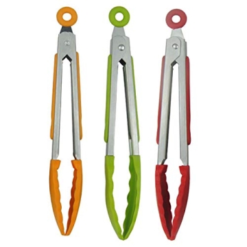 7" Mini Silicone Kitchen Stainless Steel Serving Tongs – 3 Pack for BBQ, Grilling & More