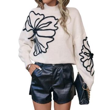 Verdusa Women's Floral Mock Neck Long Sleeve Sweaters Dressy Casual Cute Pullover Knit Sweater Tops Beige Medium