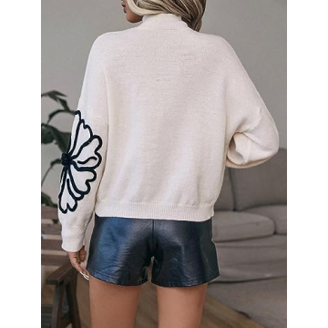 Verdusa Women's Floral Mock Neck Long Sleeve Sweaters Dressy Casual Cute Pullover Knit Sweater Tops Beige Medium