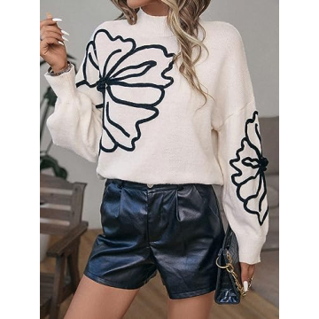 Verdusa Women's Floral Mock Neck Long Sleeve Sweaters Dressy Casual Cute Pullover Knit Sweater Tops Beige Medium