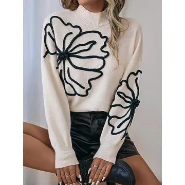 Verdusa Women's Floral Mock Neck Long Sleeve Sweaters Dressy Casual Cute Pullover Knit Sweater Tops Beige Medium