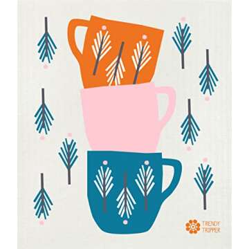 Trendy Tripper Swedish Dishcloths/Sponge Cloths - Anna Kovecses Midcentury Designs - Set of 3 Kettle/Cups/Bowls (Cobalt Blue/Yellow/Orange on Natural)