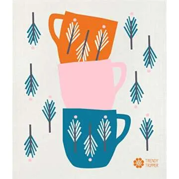 Trendy Tripper Swedish Dishcloths/Sponge Cloths - Anna Kovecses Midcentury Designs - Set of 3 Kettle/Cups/Bowls (Cobalt Blue/Yellow/Orange on Natural)