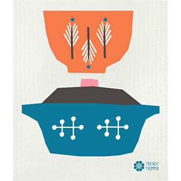 Trendy Tripper Swedish Dishcloths/Sponge Cloths - Anna Kovecses Midcentury Designs - Set of 3 Kettle/Cups/Bowls (Cobalt Blue/Yellow/Orange on Natural)