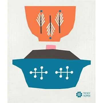 Trendy Tripper Swedish Dishcloths/Sponge Cloths - Anna Kovecses Midcentury Designs - Set of 3 Kettle/Cups/Bowls (Cobalt Blue/Yellow/Orange on Natural)