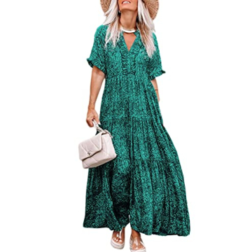 Acelitt Women's Ladies Floral Bohemian Dresses Casual Short Sleeve V Neck Ruffle Tie Green 2023 Summ...