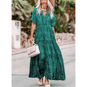 Acelitt Women's Ladies Floral Bohemian Dresses Casual Short Sleeve V Neck Ruffle Tie Green 2023 Summer Swing A line Long Maxi Dress Green Small