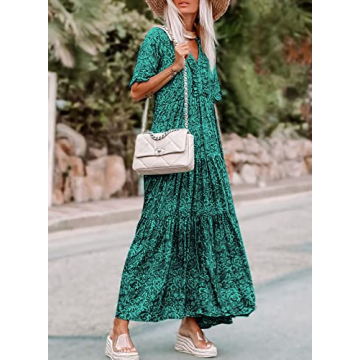 Acelitt Women's Ladies Floral Bohemian Dresses Casual Short Sleeve V Neck Ruffle Tie Green 2023 Summer Swing A line Long Maxi Dress Green Small