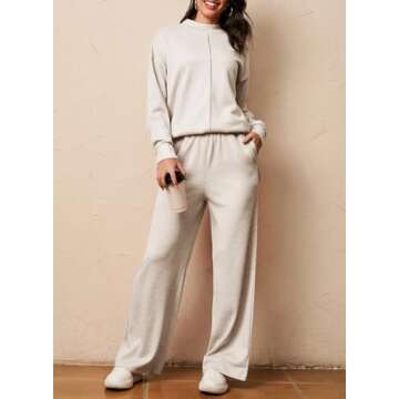 Dokotoo Womens Sets 2 Piece Outfits 2024 Casual Fall Solid Long Sleeve Pullover Sweaters Top and Wide Leg Pants Fashion Knit Lounge Sweatsuits Tracksuit White X-Large