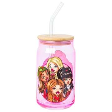 Silver Buffalo Bratz Girls Night Out Circle Badge and Checkerboard Pink 2pk 16oz Glass Tumbler w Bam...