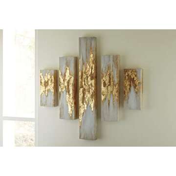 Signature Design by Ashley Devlan Modern 5 Piece Glam Gold Leaf Abstract Wall Art, White & Gold Finish