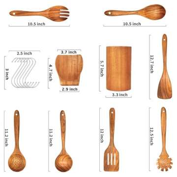 Elegant 9-Piece Wooden Utensil Set - Teak Cooking Tools with Holder & Hooks