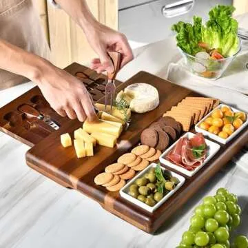 Shanik Upgraded Acacia Wood Charcuterie Board Set with 3 Removable Ceramic Bowls and Serving Utensil...