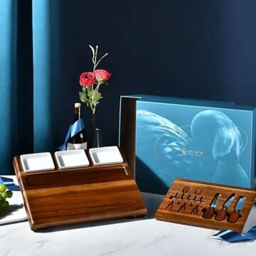 Shanik Upgraded Acacia Wood Charcuterie Board Set with 3 Removable Ceramic Bowls and Serving Utensils - Ideal for Hosting Elegant Parties and Entertaining Guest (Without Engraving)