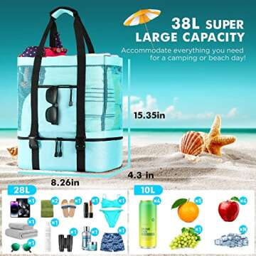 EUDELE Mesh Beach Tote Bag with Detachable Beach Cooler - MAX Capacity 38L 150lbs Ultra Durable for Women Blue