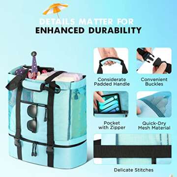 EUDELE Mesh Beach Tote Bag with Detachable Beach Cooler - MAX Capacity 38L 150lbs Ultra Durable for Women Blue