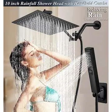 Shower Head Combo,10 Inch High Pressure Rain Shower Head with 11 Inch Adjustable Extension Arm and 3 Settings Handheld,Powerful Shower Spray Against Low Pressure Water with Long Hose