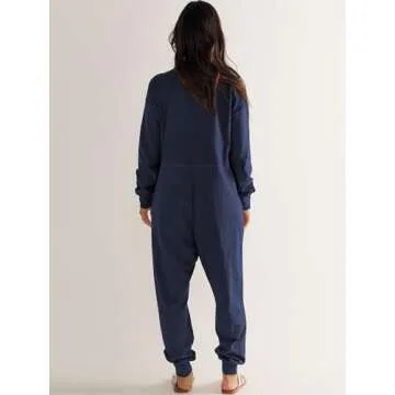 ANRABESS Jumpsuits for Women 2024 Fall Long Sleeve Casual Loose Fit Romper Lounge One Piece Pajamas Outfits Jumper Blue X-Small