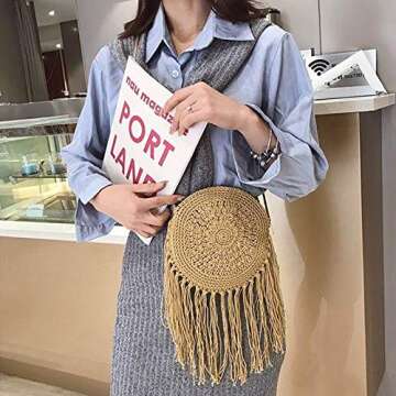 Lobagve Women Round Crochet Beach Bag Fringed Bohemian Crossbody Shoulder Purse Cotton Pouch Khaki