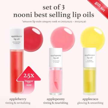 NOONI Vegan Appleseed Lip Oil Gift Set - Limited Edition | Long-Lasting, Moisturizing, Plumping, Revitalizing for Dry Lips, Waterproof, No Peel Off, Korean Tint, Hydrating, 0.12 Oz x 3ea
