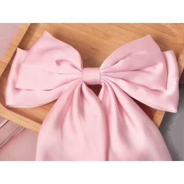 Furling Pompoms Hair Bows for Women,Large Satin Silky Hair Bow Clips Ribbon Long Tail French Barrette Hair Clamps Girls Hair Accessories Party Wedding Christmas Thanksgiving (Light Pink)