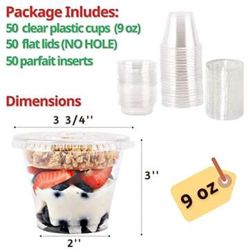 9 oz Clear Plastic Parfait Cups with Insert 3.25oz & Flat Lids No Hole - (50 Sets) Yogurt Fruit Parfait Cups for Kids, for Dips and Veggies, Take Away Breakfast and Snacks. No Leaking