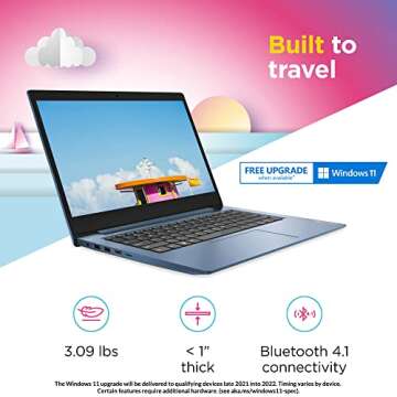 Lenovo IdeaPad 1 14 Laptop, 14.0" HD Display, Intel Celeron N4020, 4GB RAM, 64GB Storage, Intel UHD Graphics 600, Win 10 in S Mode, Ice Blue