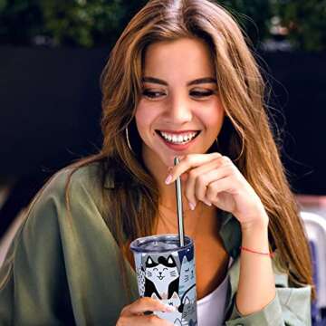 IchDich Cat Tumbler With Lid and Straw 20 oz Insulated Cat Tumbler Stainless Steel Cat Skinny Tumbler Water Bottle Travel Mug Wine Cups Cat Tumblers for Cat Lovers Gifts for Women